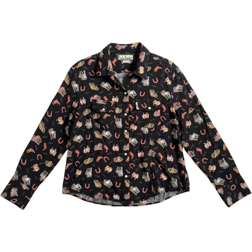 Loco Lindo Western Novelty Print Shirt XL Black Rayon Horse Saddle Cowgirl Rodeo